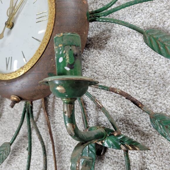 Vintage Wall Clock Light 29" Gold Green Brass Mid Century Leaf Vine Metal Tested - Picture 2 of 16